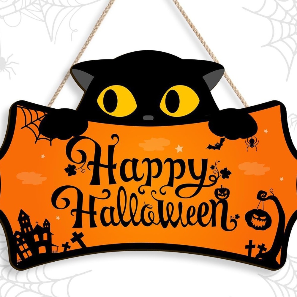 Træ uhyggelig halloween velkomstdørskilt sjov spøgelse kat græskar ophæng krans sød tegneserie vægophæng vedhæng: Oliven