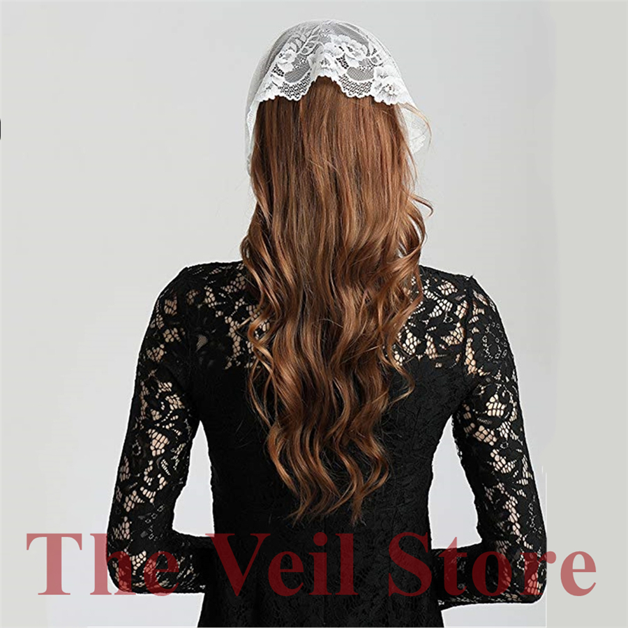 White Soft Stretch Lace Mantilla Chapel Veils for Church Tie style Headwrap Covering Headband Latin Mass Velo Mantilla de Novia