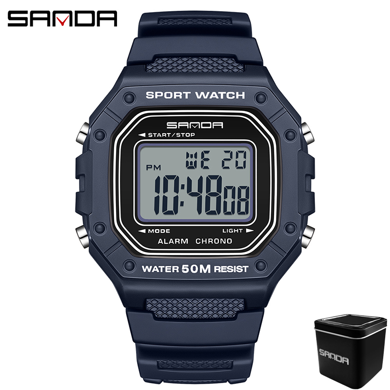 SANDA 2156 Herrenuhr, neues Modell, elektronisches digitales Uhrwerk, rechteckiges LED-Anzeige, Zifferblatt, draussen-Sport, wasserdichte männliche Armbanduhr: Silber