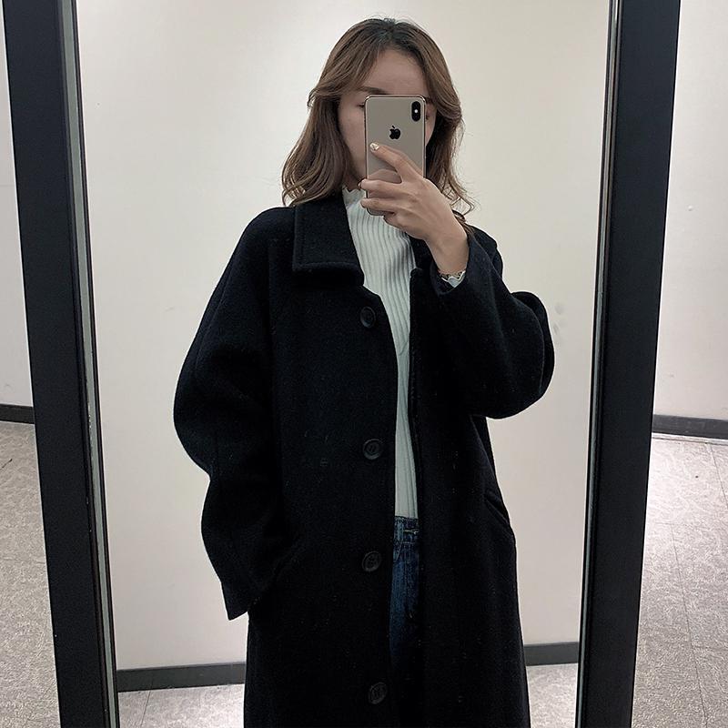 Manteau en laine mi-long style coréen pour femme, vêtement d'extérieur noir à col rabattu, style slim, collection printemps-automne