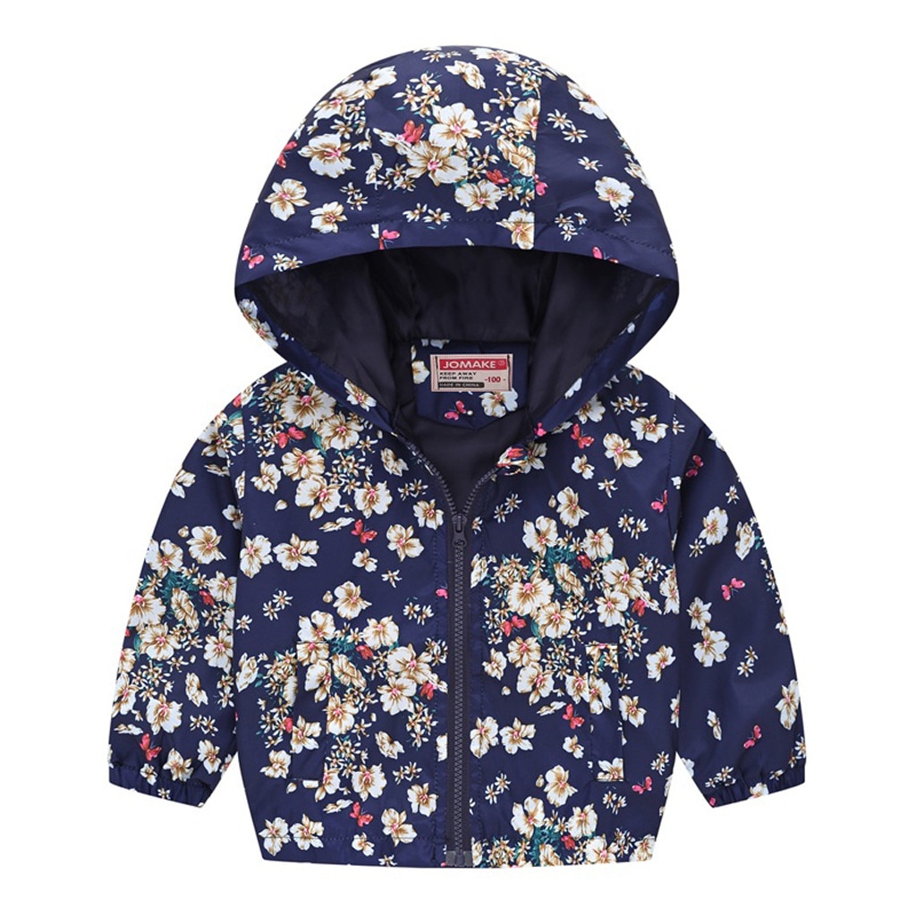 Autumn Winter Warm Baby Girls Coat Toddler Kids Baby Grils Boys Long Sleeve Floral Print Zipper Hooded Coat Jacket