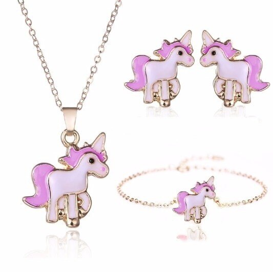 4 teile/satz Halskette Ohrringe Karikatur Einhorn Halskette Ohrring Schmuck Rosa Mädchen Schmuck Schmuck Ohrring und Halskette einstellen: 4