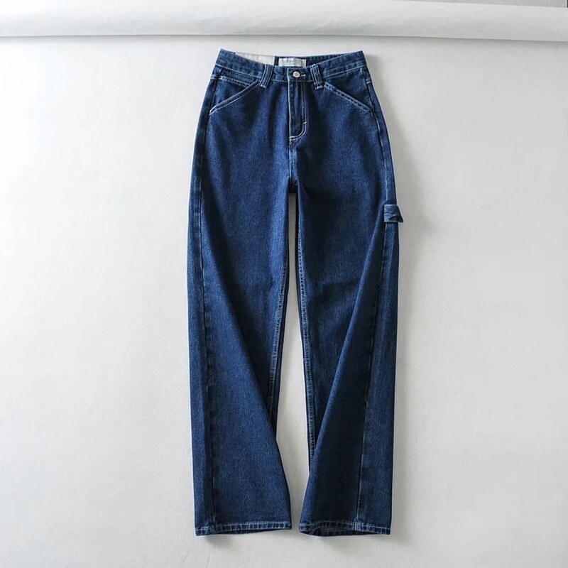 Women High-rise Faded Black Denim Jeans With White Stitching Straight Leg Denim Pants: blue / L
