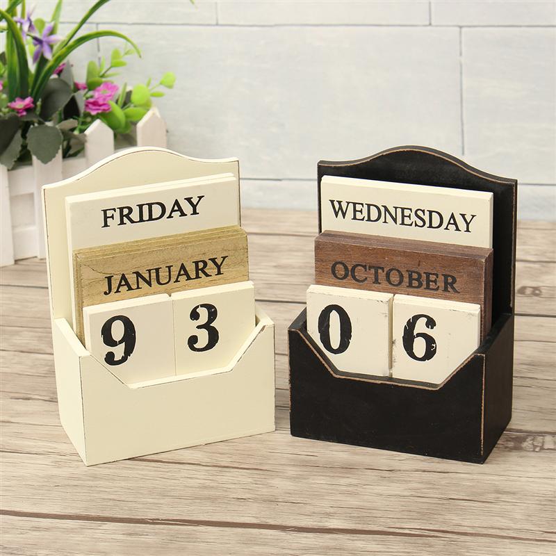 Calendrier de bureau en bois rétro Vintage, bloc de bois, perpétuel, , décor de bureau à domicile, bricolage blanc