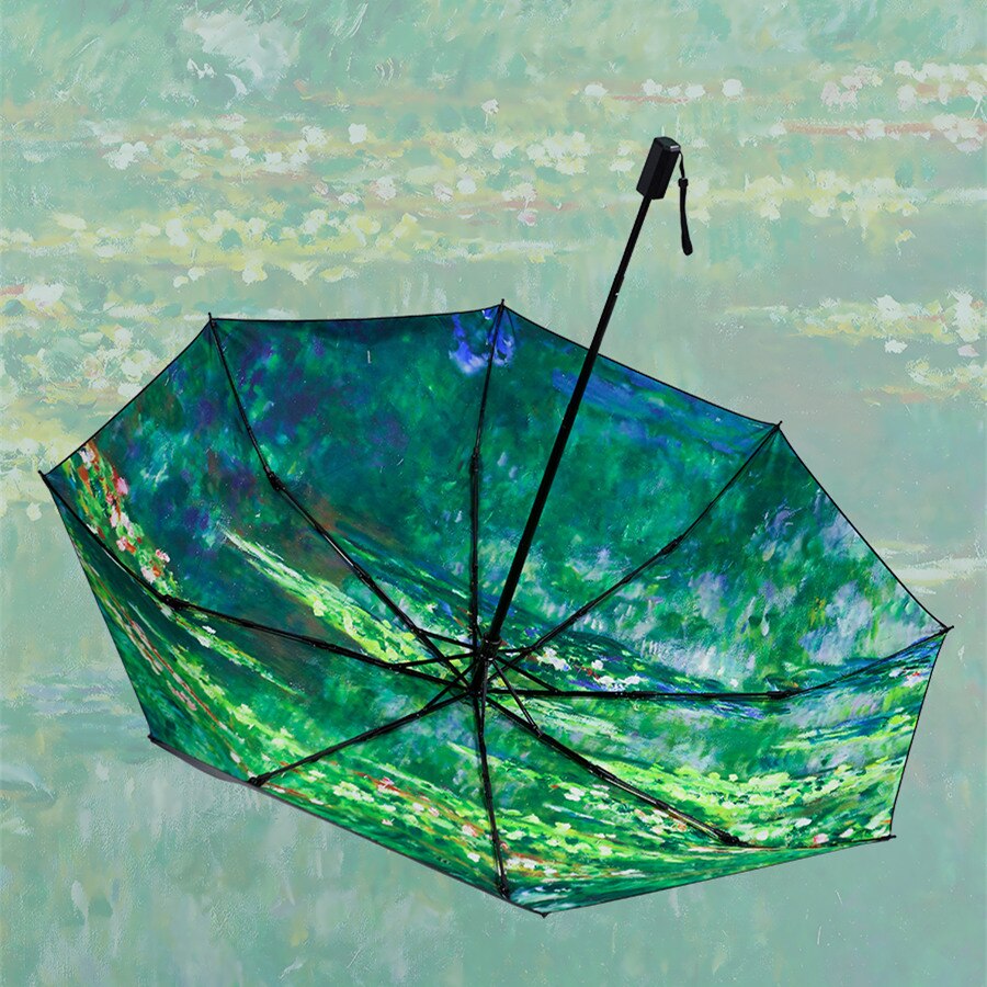 Claude Monet Oil Painting Umbrella Portable Manual 3-fold Rain Sun Umbrella For Women Parasol