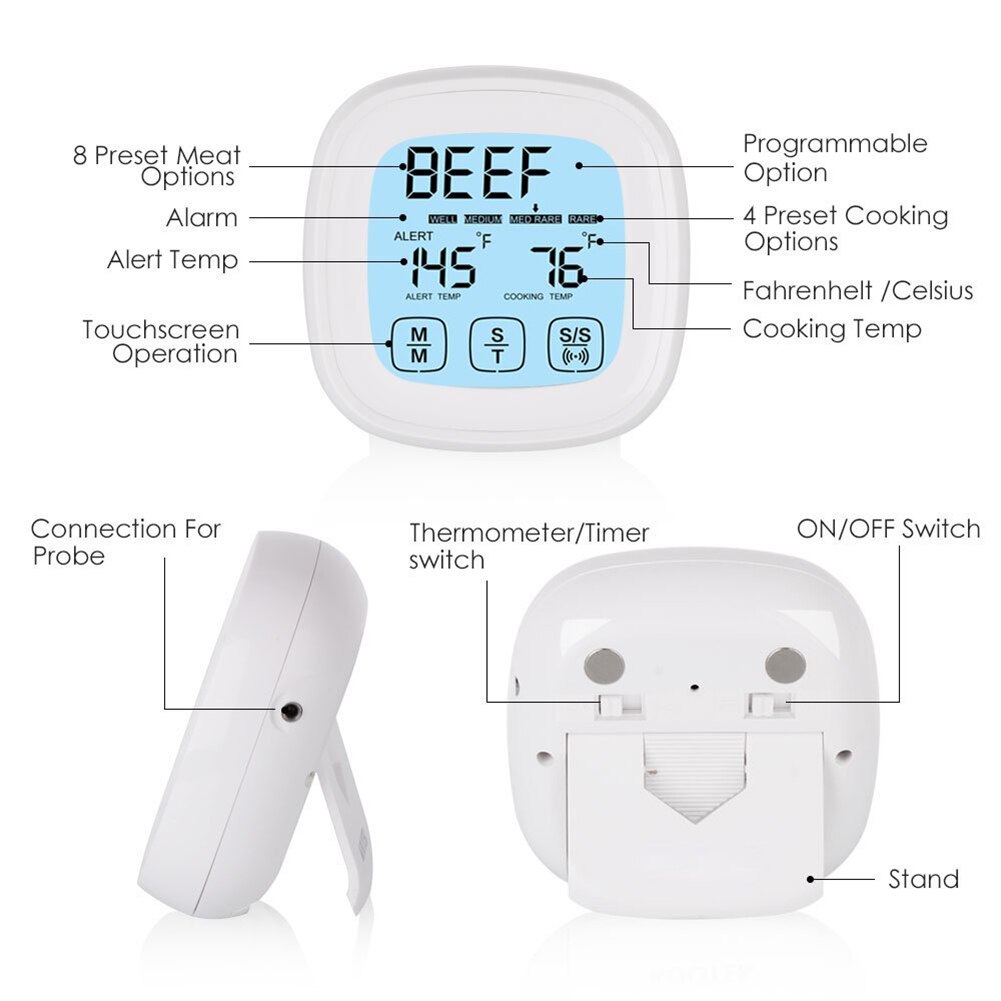 Digital Meat Kitchen Thermometer Stainless Touch Screen Waterproof Grill Temperature Probe Oven Cooking BBQ Cooking PraticalTool