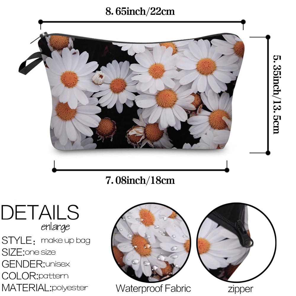 Deanfun Women Cosmetic Bags Printing Daisy Pattern Small Makeup Bag Travel Black Toiletry Bags Organizer 51279