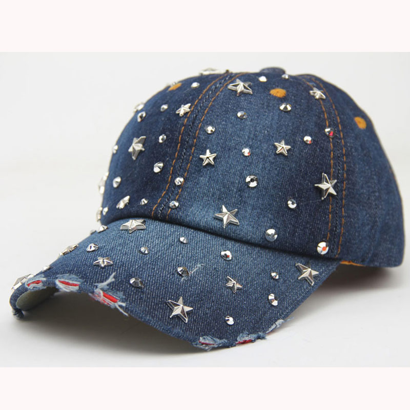 Dam baseballkeps bling stars strass jeanskeps justerbar rem jean snapback hatt nödställd brätte