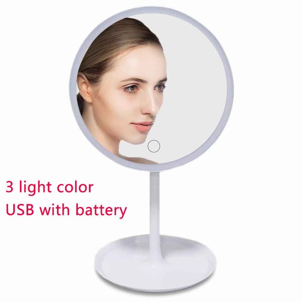 Espejo de maquillaje redondo con luces LED para mujer, iluminación de aumento de 360, espejo cosmético con luz nocturna: White 3 light color