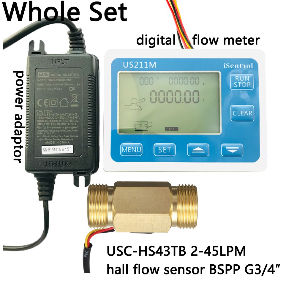 US211M Digital Flow Meter Totalizer with Brass Flow Sensor USC-HS43TB G3/4" Hall Flow Sensor 2-45LPM iSentrol Saier Sesnor China: Whole Set