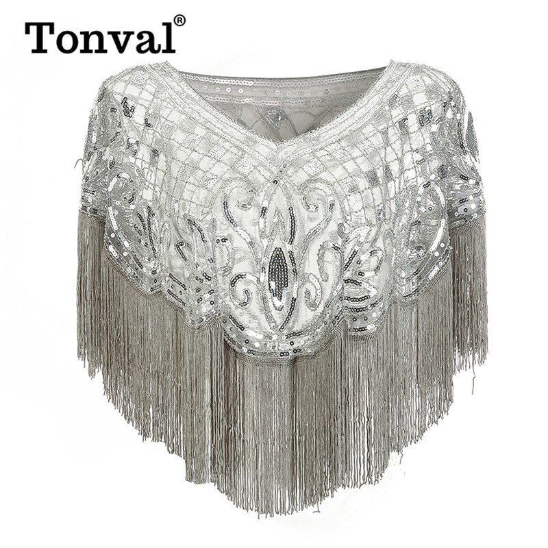 Tonval Vintage 1920s Scarves Pashmina Tassel Beaded Flapper Shawl Women Luxury Sequin Mesh Cape Cover Up Shawls and Wraps