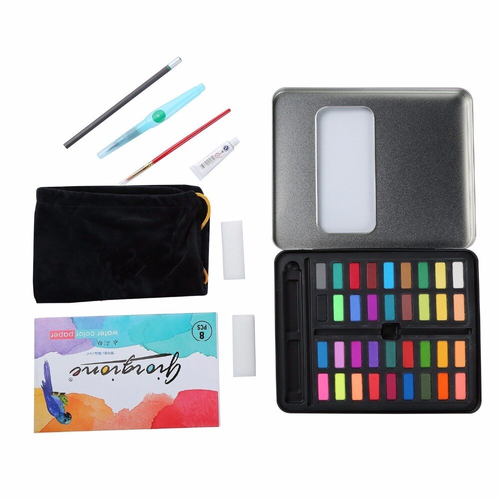 Perfect Watercolor Paint Set Art Paint Set with 36 Vibrant Colors, Brushes, Charcoal Pencil, 8PCS Paper in Metal Tin Box