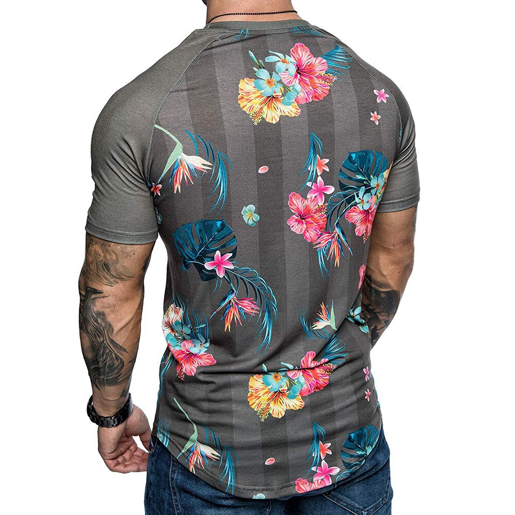 Herr t-shirt sommar kort ärm rund hals tryckta blommor blad tryckta t-shirt kort ärm herr toppar мужские комплекты