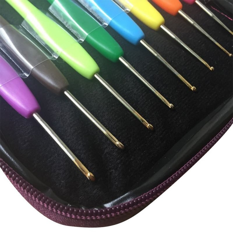 16 Pcs Crochet Hook Set Sewing Tools with Colorful Plastic Handles Knitting Needle Weave Yarn Case Set Aluminum Hooks Accessory