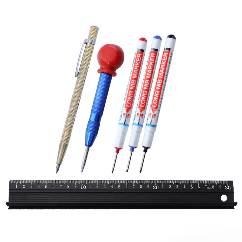 Carpenter Pencil Set Solid Woodworking Construction Marker with Center Punch Built-in Sharpener Deep Hole Mechanical Pencil Tool: Set F