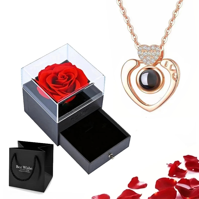 Conjunto de colar de projeção com caixa de presente rosa 100 idiomas eu te amo coração pingente jóias 2024 para presentes namorada dropshipping
