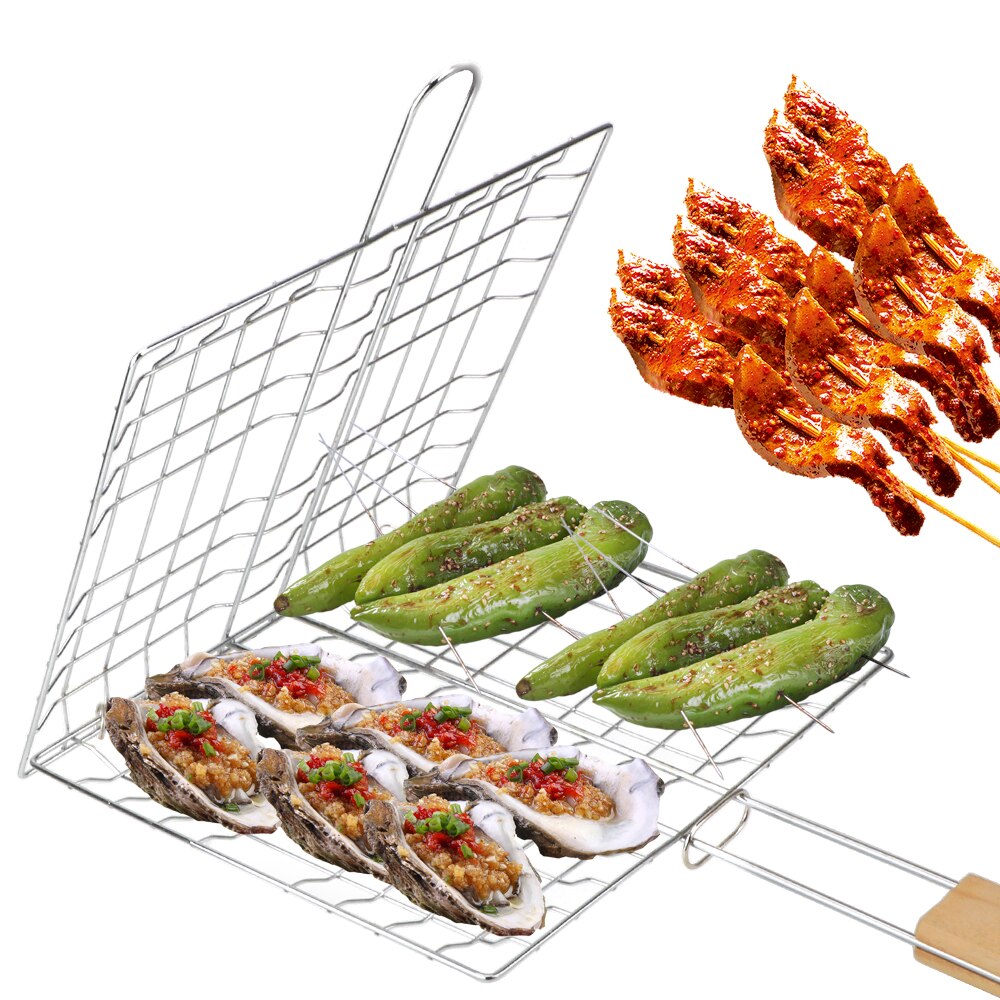 Parrilla reutilizable de malla para asar carne, soporte de Clip de pescado, cesta de acero inoxidable, estera plegable para parrilla de barbacoa