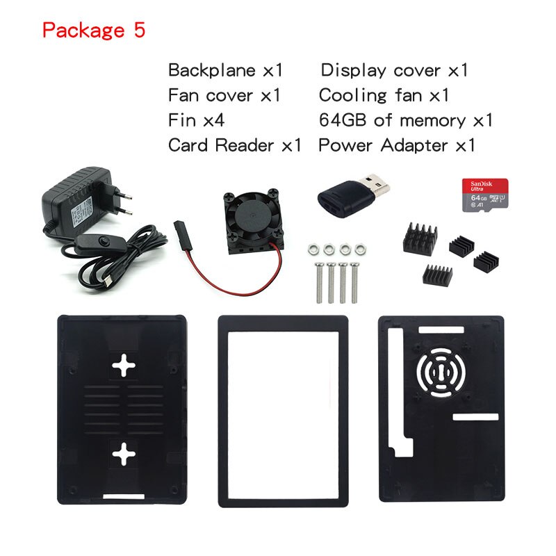 Für Raspberry Pi 4 Touch Screen 3,5 zoll TFT LCD 480*320 GPIO Display mit ABS Fall + Power + Fan + 64GB Karte für Raspberry Pi 4B: Package 5