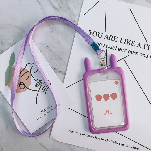 Porta carte di credito porta carte di credito simpatico cartone animato custodia per Bus in Silicone portachiavi anello etichetta per bagagli Trinket carte da lavoro copertura con cordino: Purple