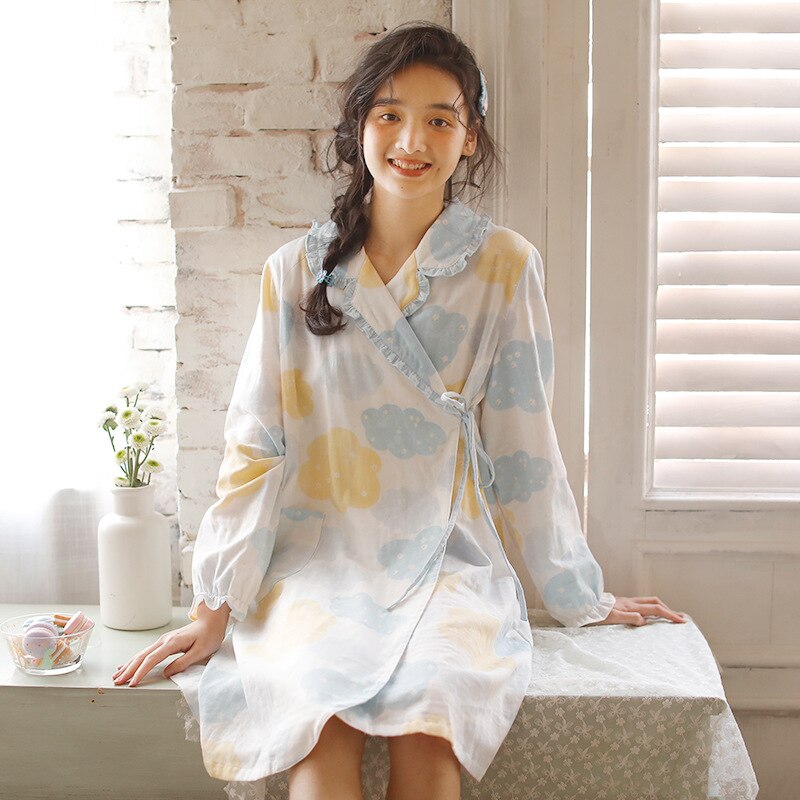 Puur Katoen Jong Meisje Zomer Verfrissende Nachtkleding Lange Mouw Dee Sexy Pyjama Set Leuke Vrouwen Homewear Wolken print