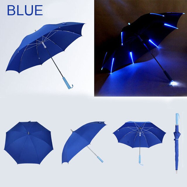 Cool paraply med led-funktioner 8 rib lys gennemsigtig med lommelygte håndtag: Blå