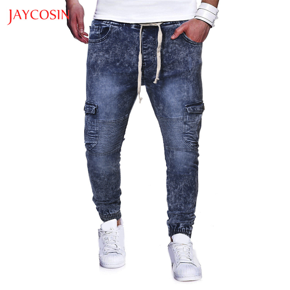 Jaycosin Men Pleated Jeans Pants Straight Light Denim Trousers Pocket Jeans Casual Men Mid Waist Pants