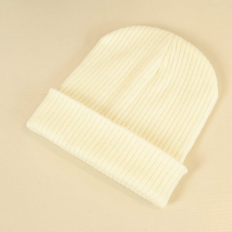 Sombreros de mujer para otoño e invierno, gorro de puño a rayas liso 100% gorro de calavera de punto suave y elástico acrílico negro, gris, azul marfil, azul marino, etc.: Marfíl
