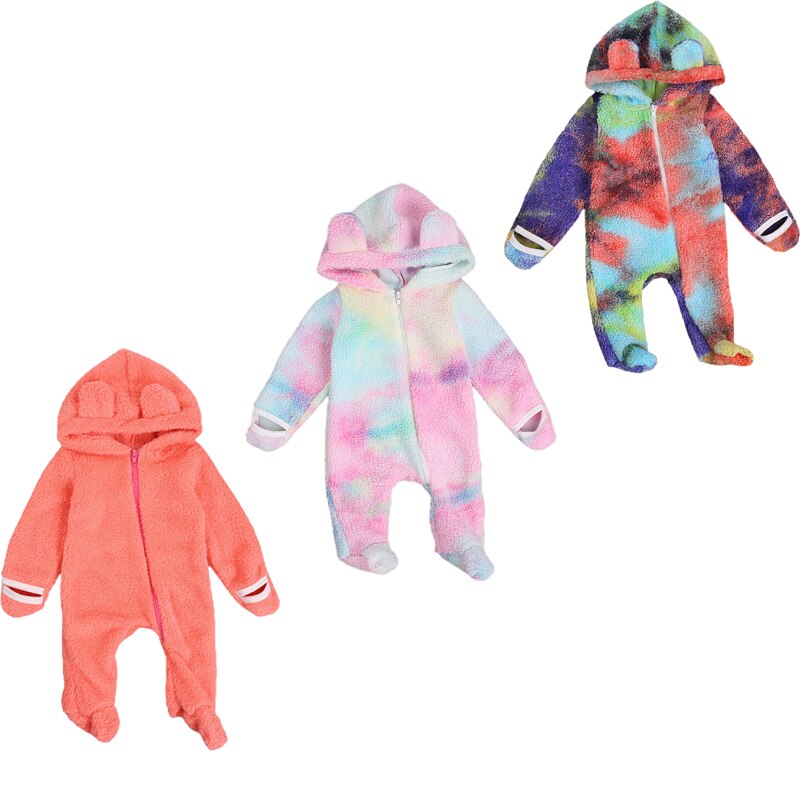 FOCUSNORM Winter Baby Mädchen Jungen Strampler Pelz binden-Farbstoff Drucken Lange Ärmel Reißverschluss 3D Ohr Mit Kapuze SchöNe Overall