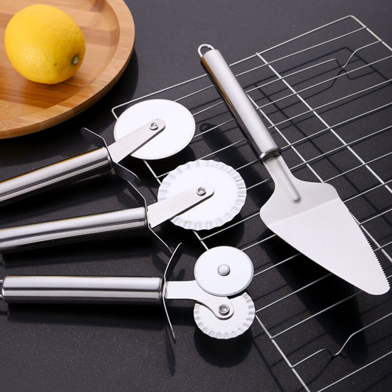 4 Patronen Dubbele Roller Pizza Mes Cutter Rvs Pizza Cutter Gebak Pasta Deeg Crimper Keuken Pizza Gereedschap