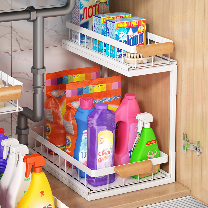 Organizadores y almacenamiento debajo del fregadero de 2 niveles con cajón deslizante, estante de baño multiusos, organizador para almacenamiento de cocina y baño: Castaño