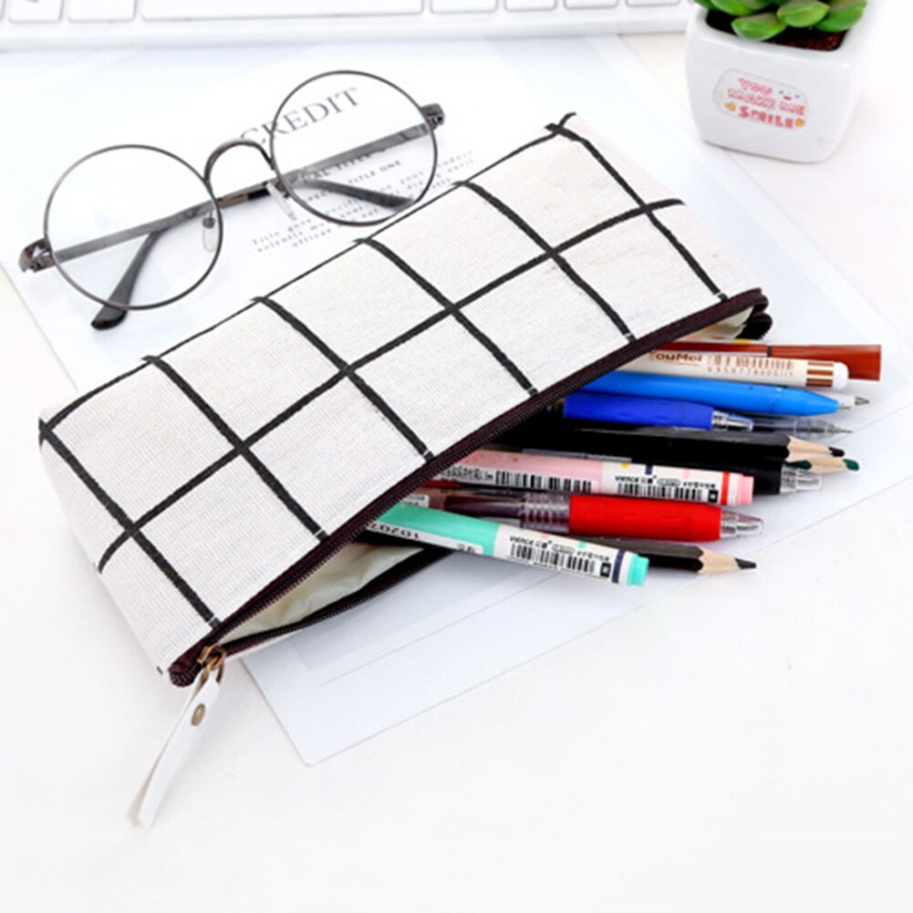 Simple Plaid Solid Color Pencil Case Canvas Organizer Pouch School Supplies Cute Stationery School Pencil Box Pen Bags