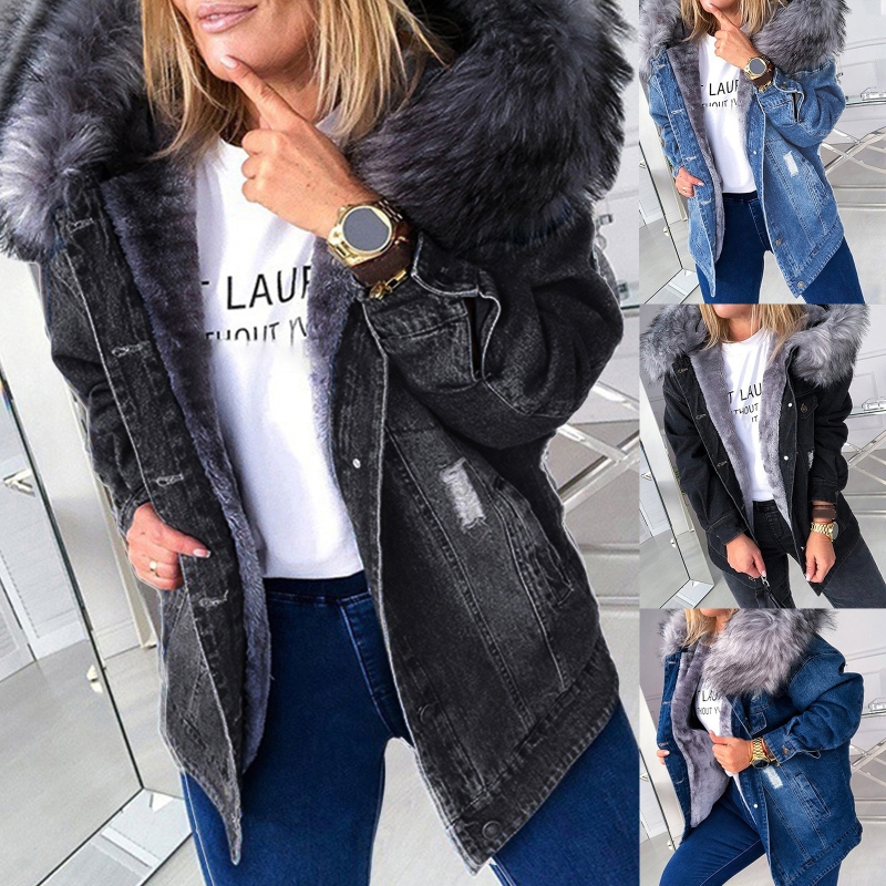 Dam vinter varm fluffig krage huva jeansjacka tjock plyschfodrad varm långärmad jeansjacka buttondown överdimensionerad lös jacka