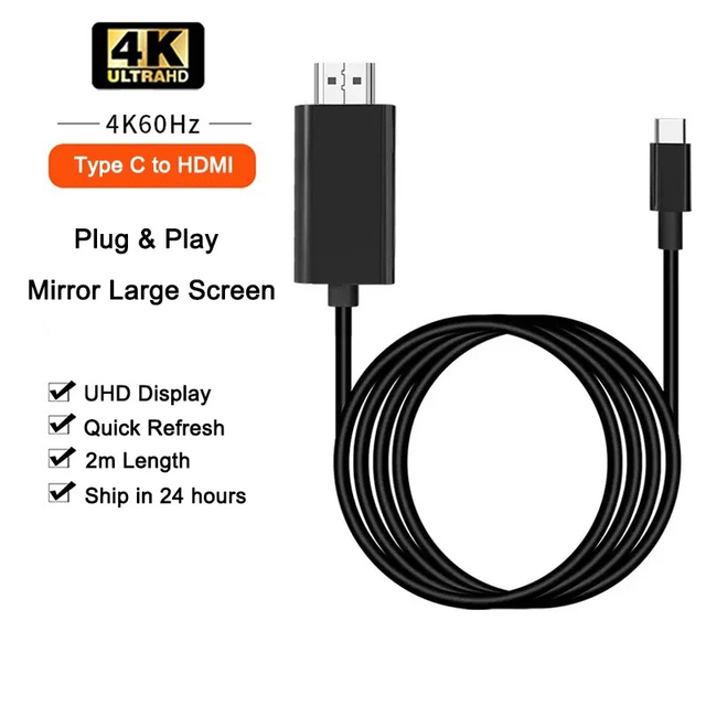 Usb-c till hdmi-kompatibel adapter 4k typ 60hz c-kabel hdtv-omvandlarkabel för projektor pc bärbar dator surfplatta ipad iphone 16 xiaomi: Svart