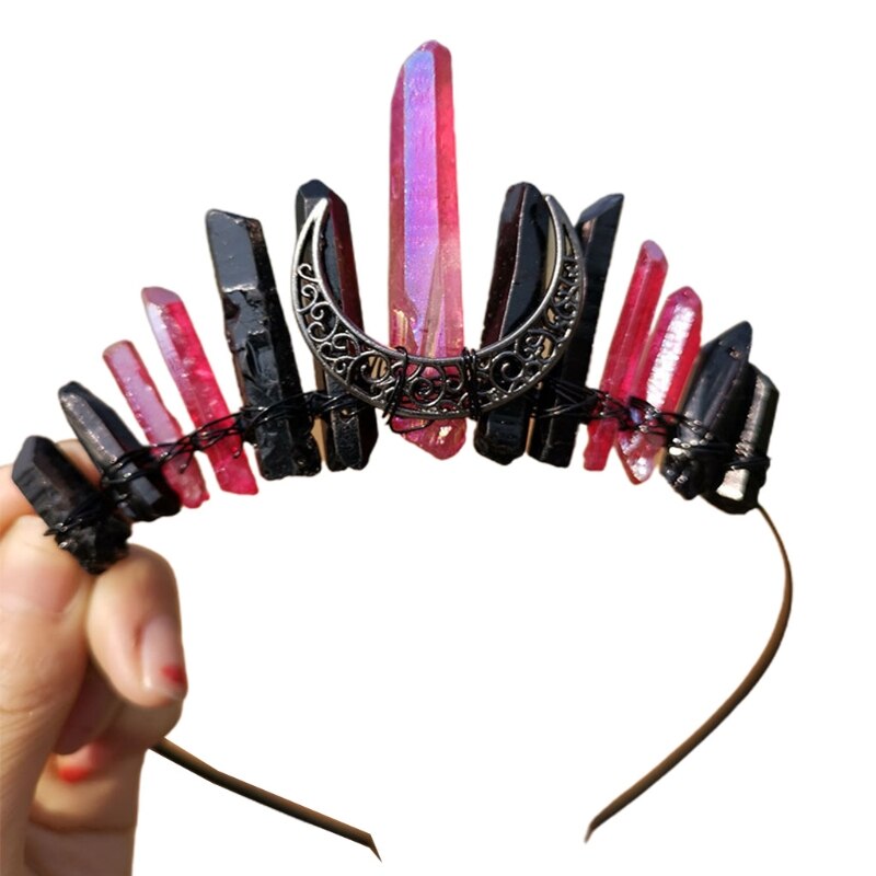 Handmade Faux Raw Crystal Headband Quartz Black Moon Bridal Alloy Tiara Crown Ladies Wedding Party Bridal Jewely Headdress