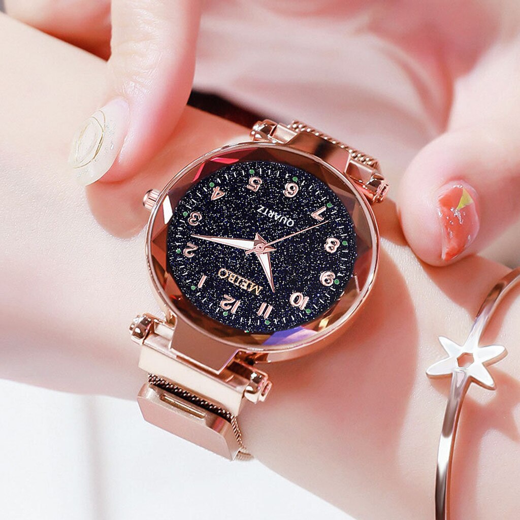 Otoky Watch Quartz Women Watches Starry Sky Watch Ladies Flat Glass Quartz Wristwatch Mesh Magnetic Clock Ladies