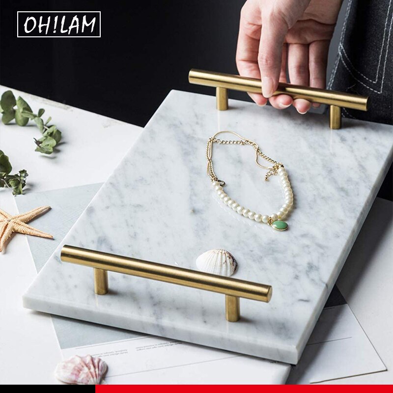 Decorative Tray Natural Rectangular Marble Tray Gold Metal Handles Handmade Bathroom Vanity Perfume Tray Trinket Tray Dresser