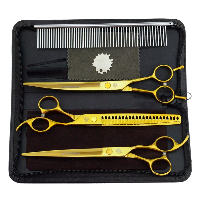 8&quot; titanium dog grooming scissors kits animal groomers curved scissors curved shears pet scissors trimming dog cat hair clippers: Gold