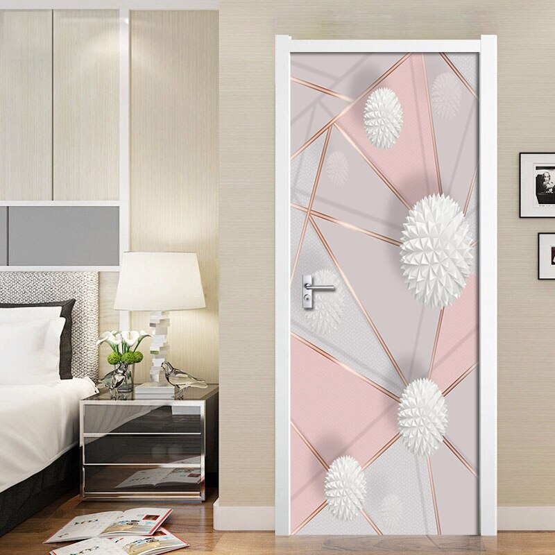 Removable Door Stickers 3D Geometric Marble Stitching Waterproof Living Room Bedroom Door Wallpaper Self Adhesive Wall Decals