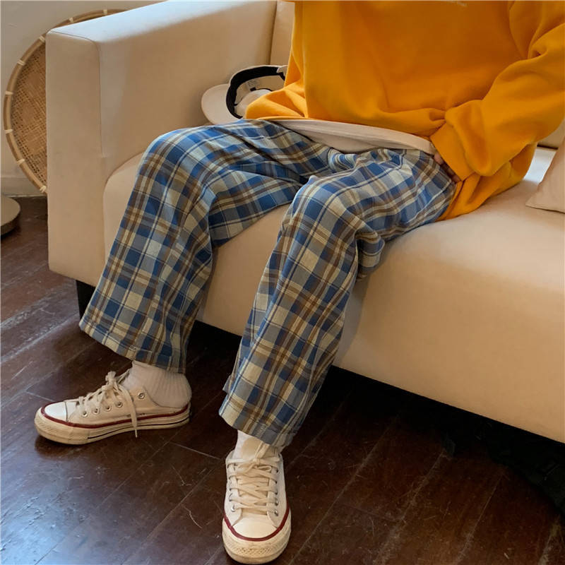 Karierten Hosen für Frauen Jahrgang Plaid Hosen Koreanische Stil Breite Bein Hosen Frauen Sommer Blau Harajuku Übergroßen Hosen