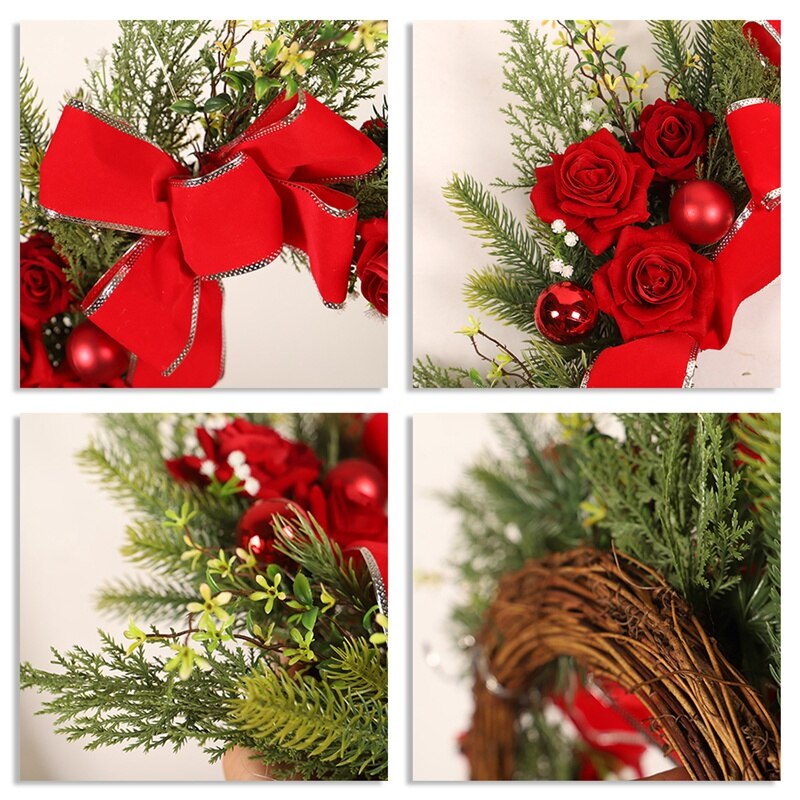 Couronne de pin artificielle avec Rose rouge, ruban rouge pour porte d&#39;entrée, fenêtre murale, maison, décoration de noël