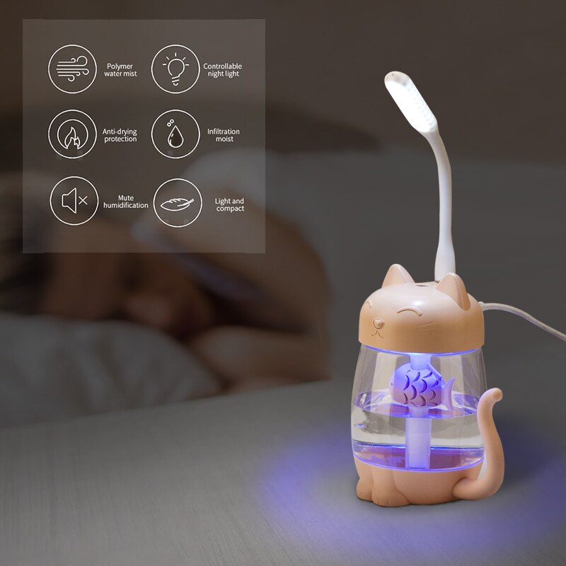 3 in 1 350ML USB Cat Air Humidifier Ultrasonic Cool-Mist Adorable Mini Humidifier With LED Light Mini USB Fan for Home office