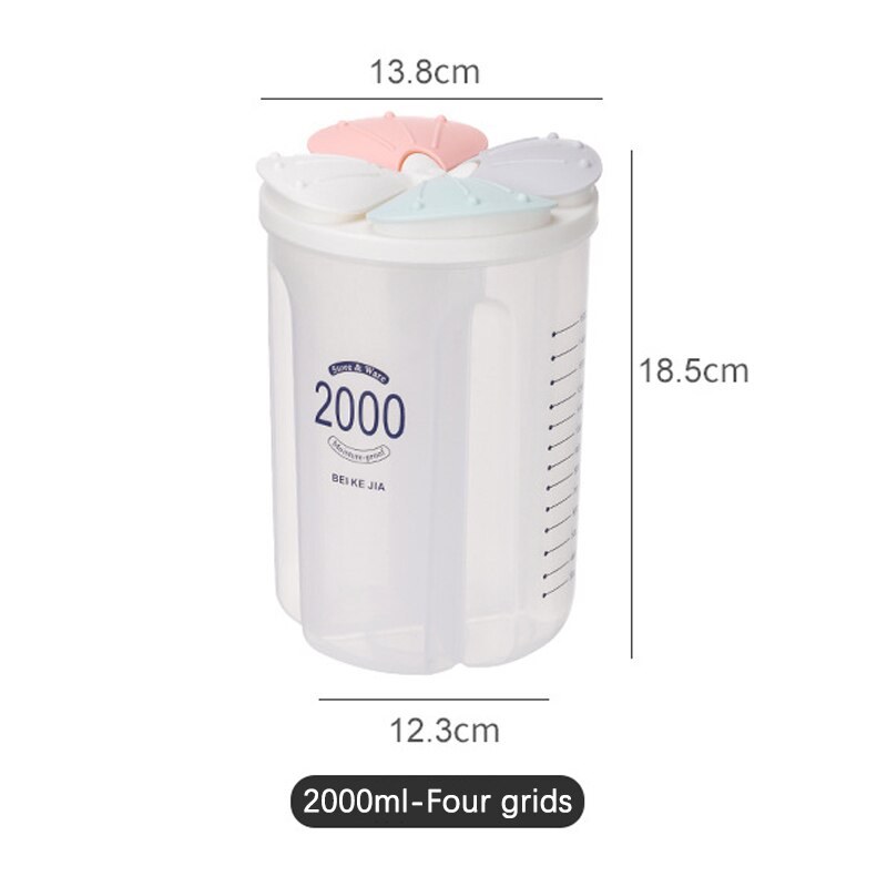 Grain Sealed Fresh-Keeping Storage Tank Compartment Food Container Transparent Plastic Moisture-Proof Storage Box Kitchen Tools: 2000ml-Four grids