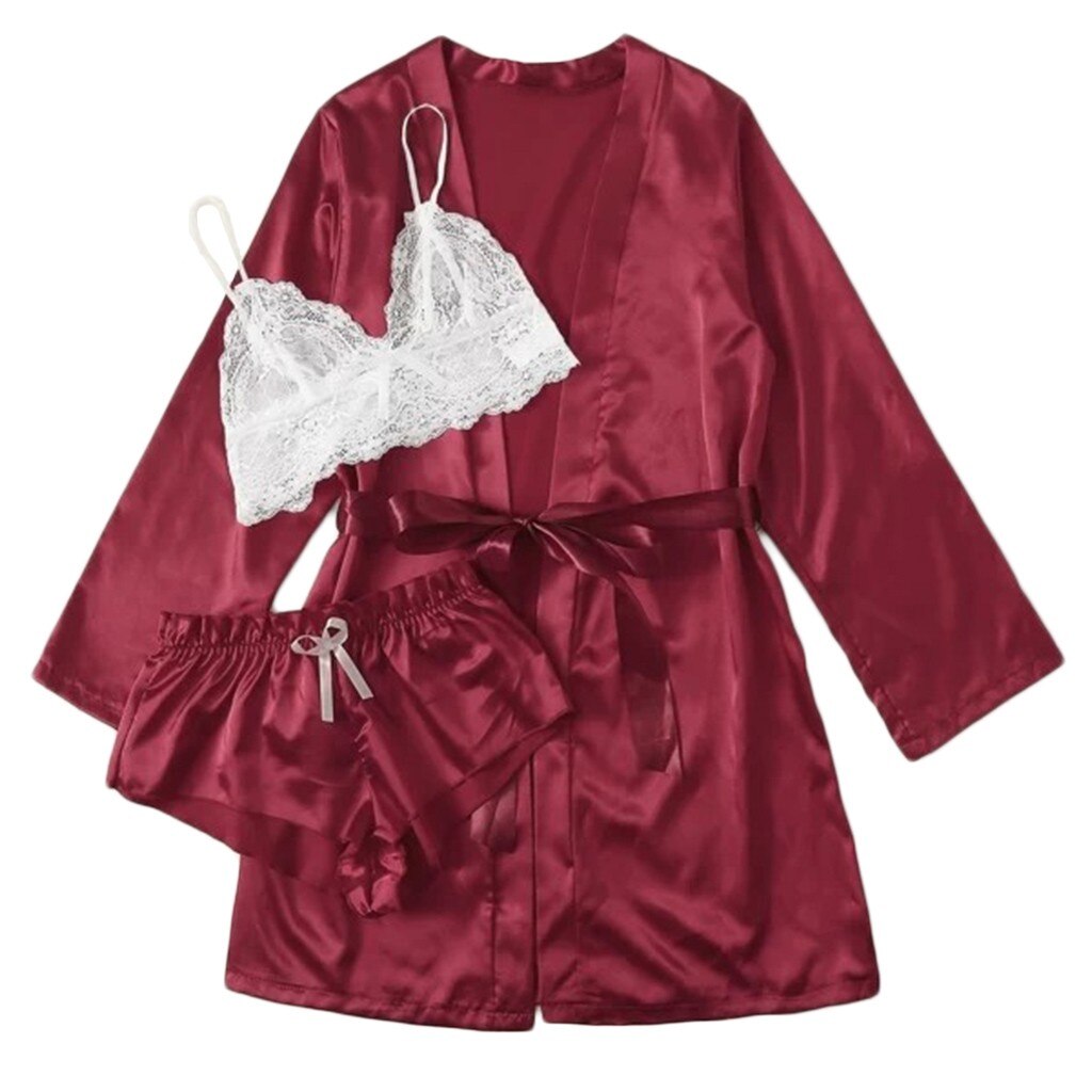 Nightdress Night Women Clothing Femininos 3PC Women Lace Satin Wireless Bra Camisole Bow Shorts Pajamas Sleepwear Robe Set LW: M