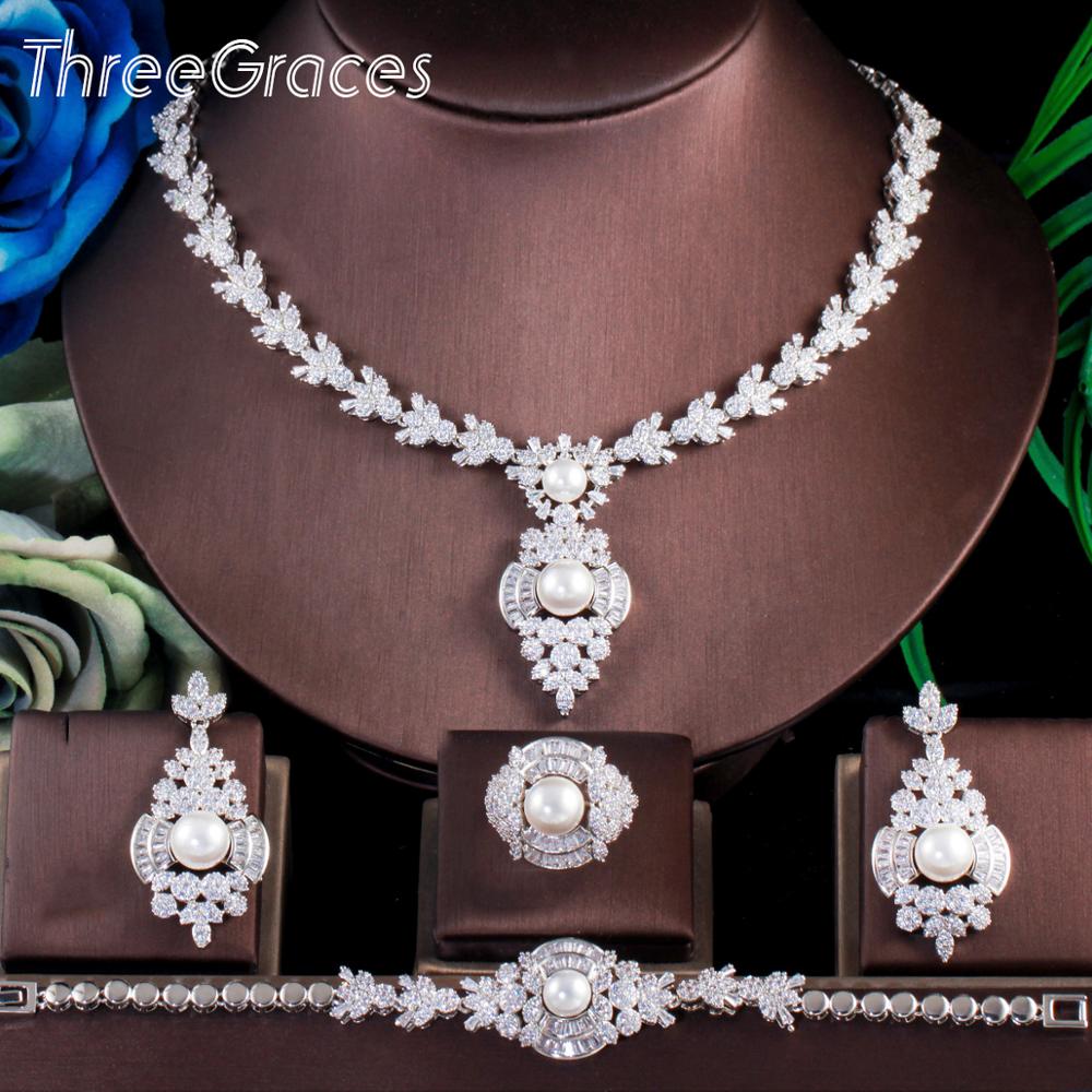 ThreeGraces Top Cubic Zirconia White Gold Color 4Pcs European Big Pearl Wedding Jewelry Set for Women Banquet Prom TZ567