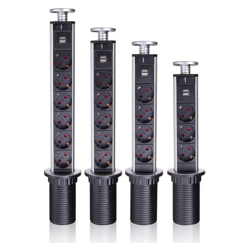 3/4/5 power EU Plug Hidden Kitchen Table Pop Up Electrical Socket Power 1 Led+2 charge USB Aluminum Shelf Silver/Black Cap