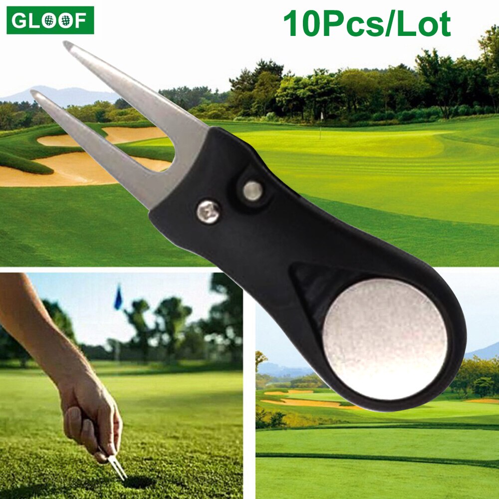 10Pcs Foldable Golf Divot Repair Tool Stainless Steel Ball Marker Golf Pitch Fork Putting Golfer Training Accessory