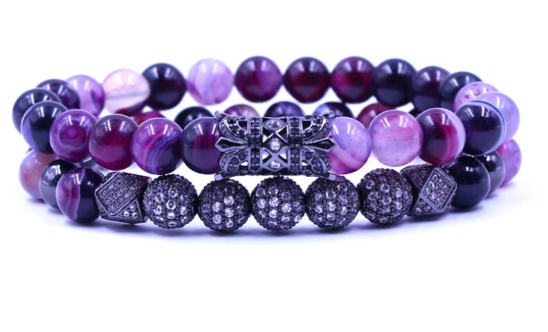 8mm 2 stks/set xgfr2432 goud elastische aangepast natuur Paars bead micro pave cz zirkoon zirconia tube Armband Sieraden: 2
