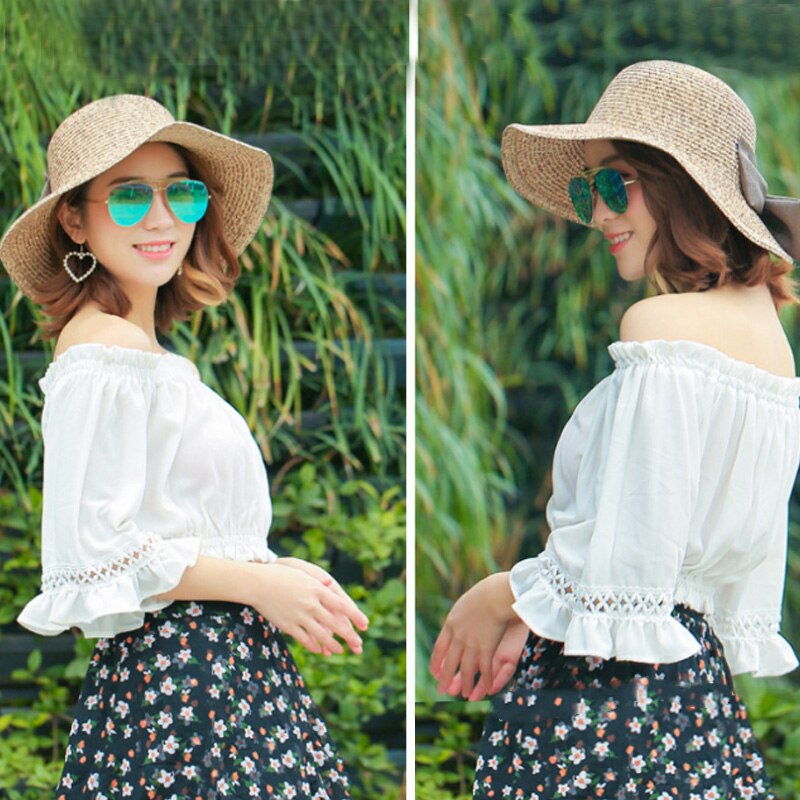 Women'S Pretty Vintage Foldable Straw Hat Large Accent Bowtie