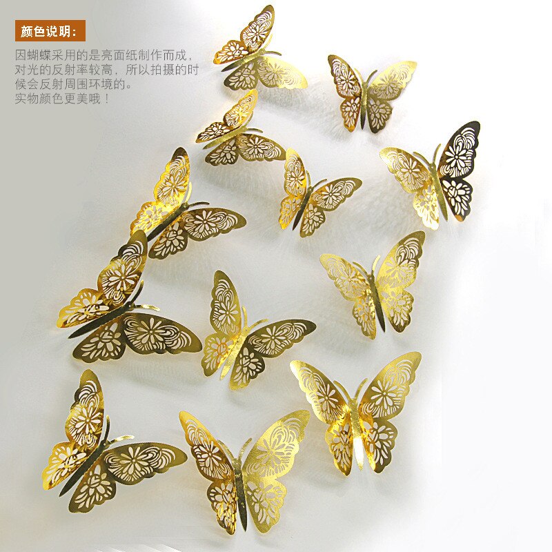 3d metalen stickers voor kamerdecoratie, 3d vlinders voor thuis, kinderkamer muurstickers, festival, feestindeling: Goud-g