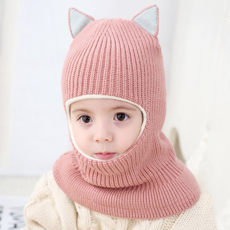 Conjunto de bufanda con orejas de gato para niño y niña, gorro tejido para bebé, conjunto de bufanda, gorro de terciopelo y protección para el cuello, a prueba de viento, Invierno: dark pink